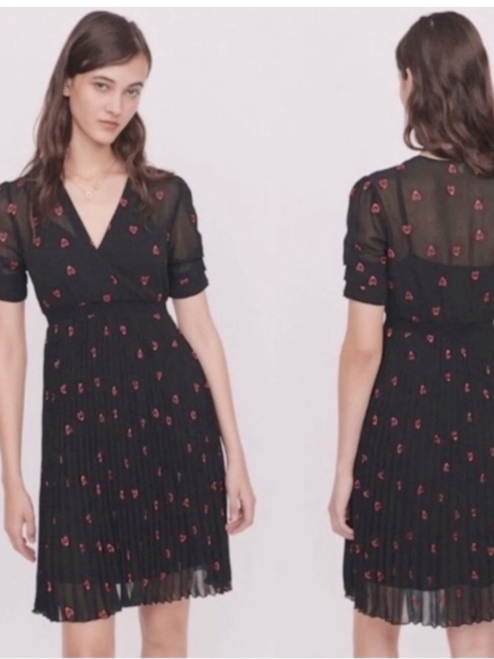 MAJE Black Heart-Embroidered Pleated Dress